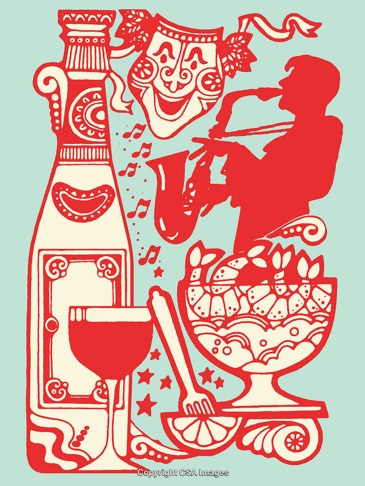 Abstract Colorful Composition of Saxophone, Wine, and Culinary Celebration