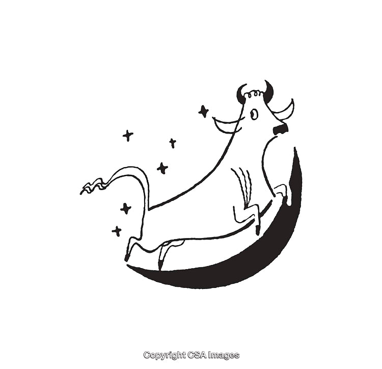 Whimsical Line Art of Cow Leaping Over Crescent Moon