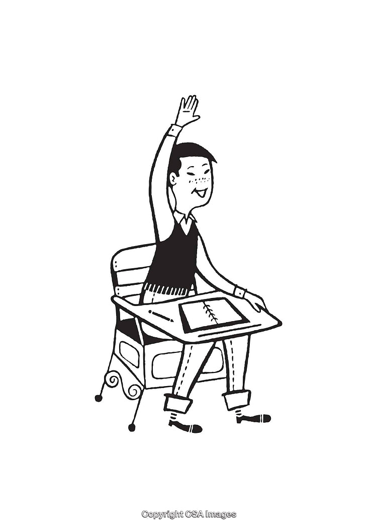 Black And White Illustration of Student Raising Hand in Classroom Desk