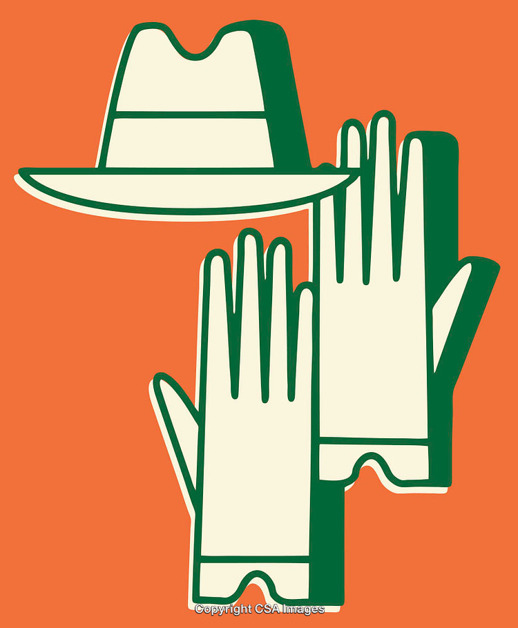 Retro Illustration of Gloves and Hat on Orange Background in Graphic Style