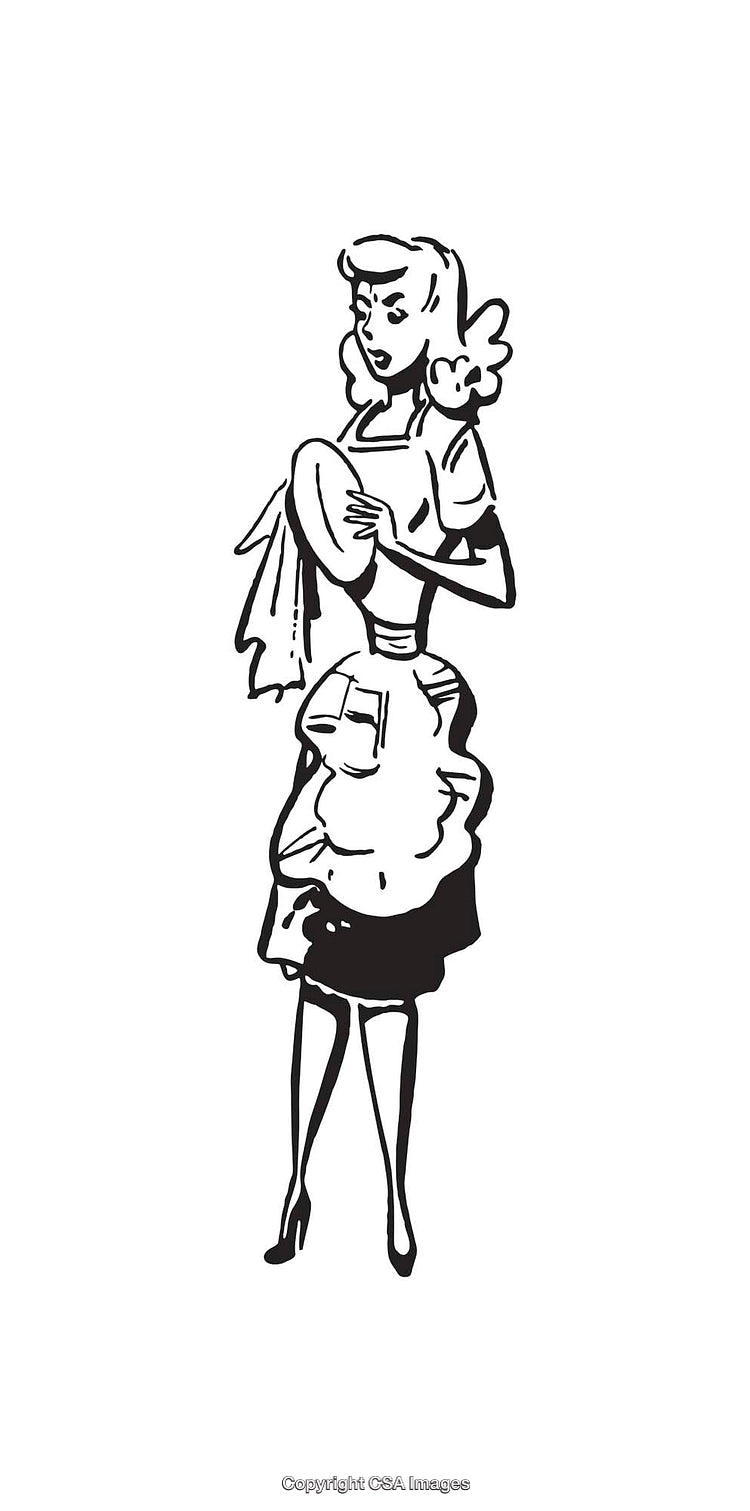 Elegant Retro Woman in Apron Line Art Illustration