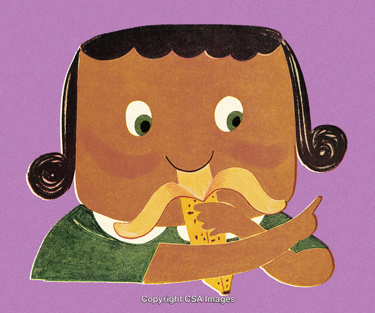 Whimsical Cartoon Character Eating Snacks Against a Vibrant Purple Background