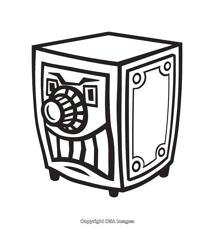 Black and White Drawing of a Vintage Safe with Combination Lock