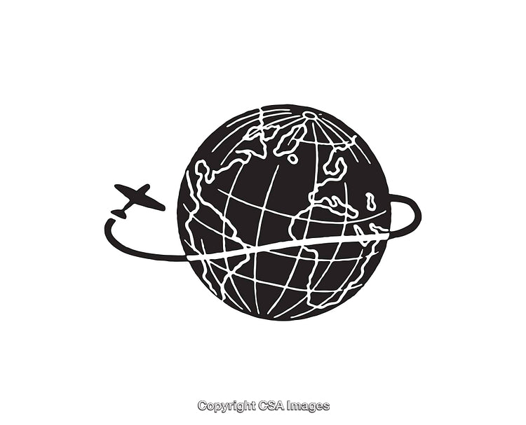 Black and White Globe with Airplane Trajectory Illustration