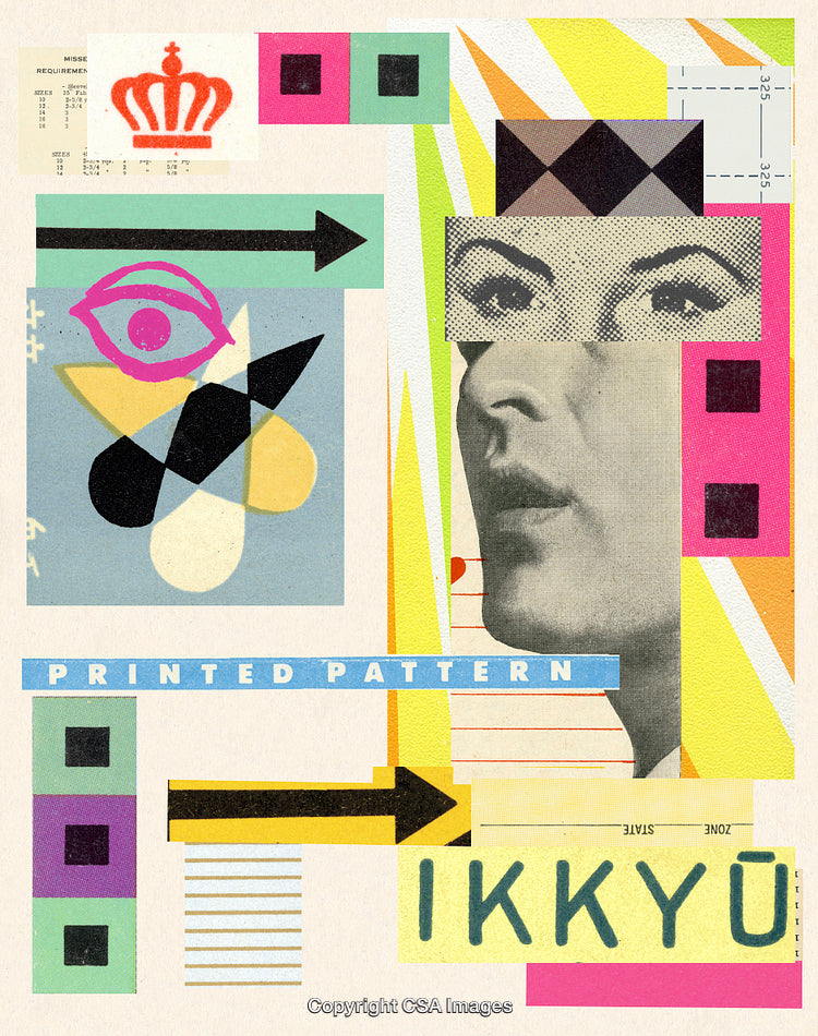 Vibrant Collage of Retro Patterns, Pop Art Elements, and Portrait Fragment