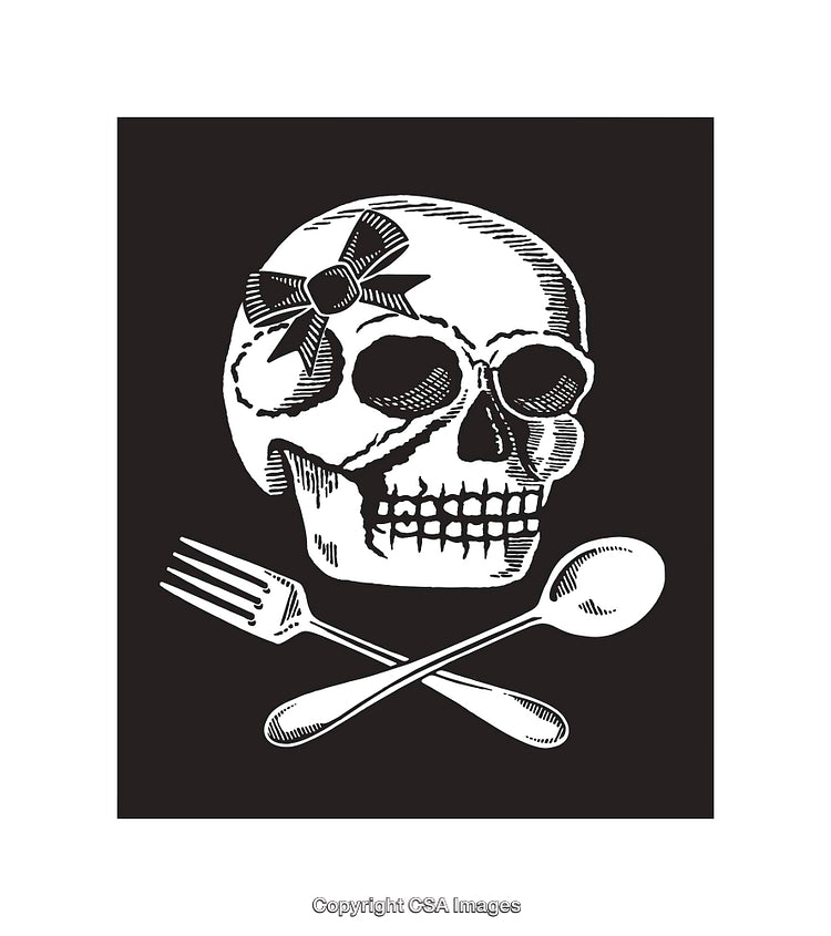 Black and White Line Art Skull With Crossed Fork and Spoon