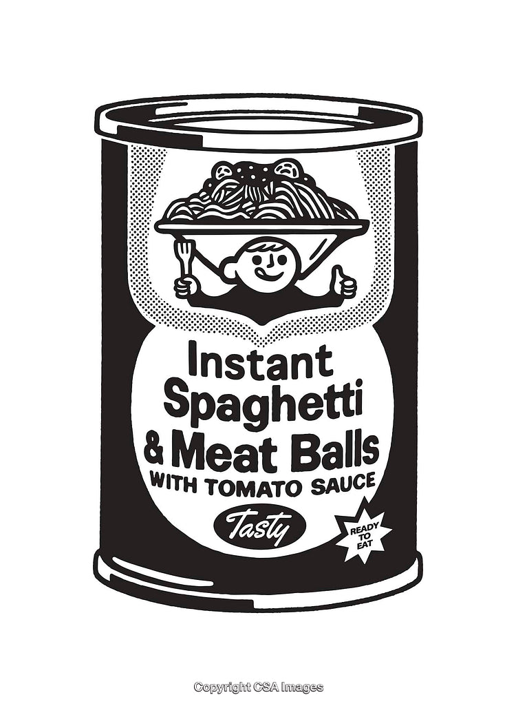 Vintage Black and White Can Label for Instant Spaghetti and Meatballs
