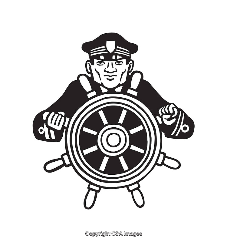 Black and White Line Art of a Ship Captain Steering a Helm