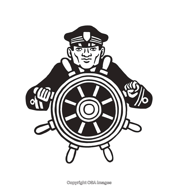 Black and White Line Art of a Ship Captain Steering a Helm