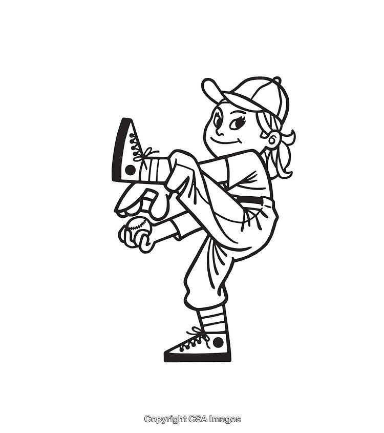 Black and White Line Art of Young Baseball Pitcher Preparing to Throw Ball