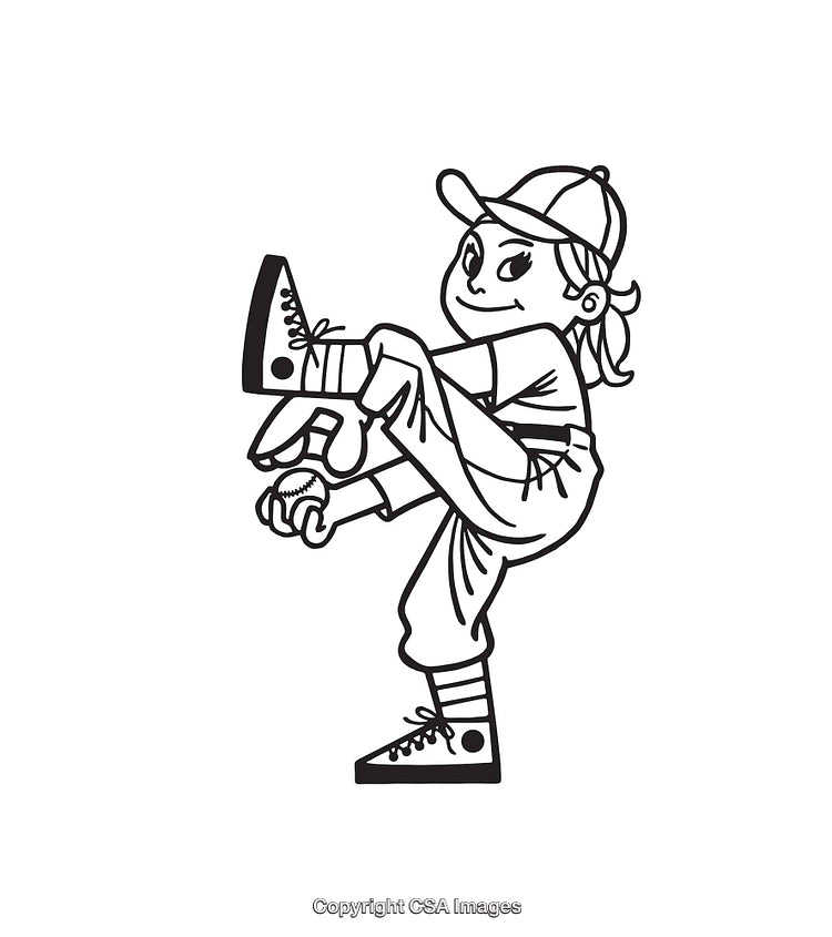 Black and White Line Art of Young Baseball Pitcher Preparing to Throw Ball