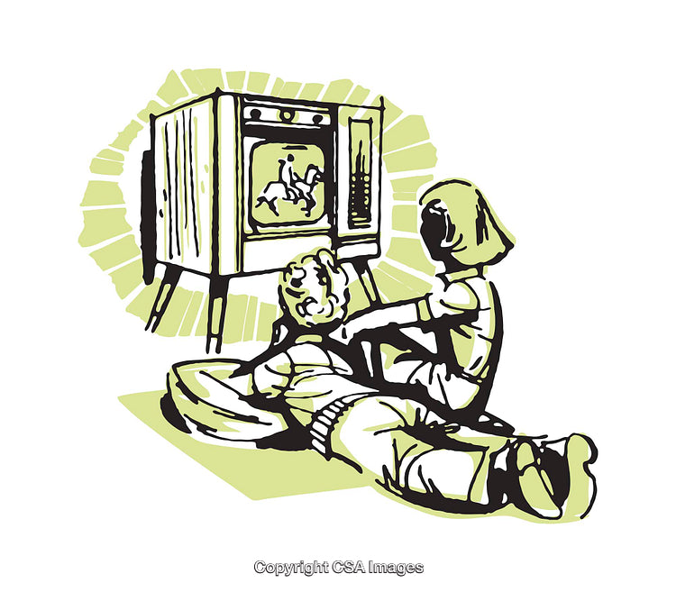 Vintage Illustration of Children Watching TV in Nostalgic Style