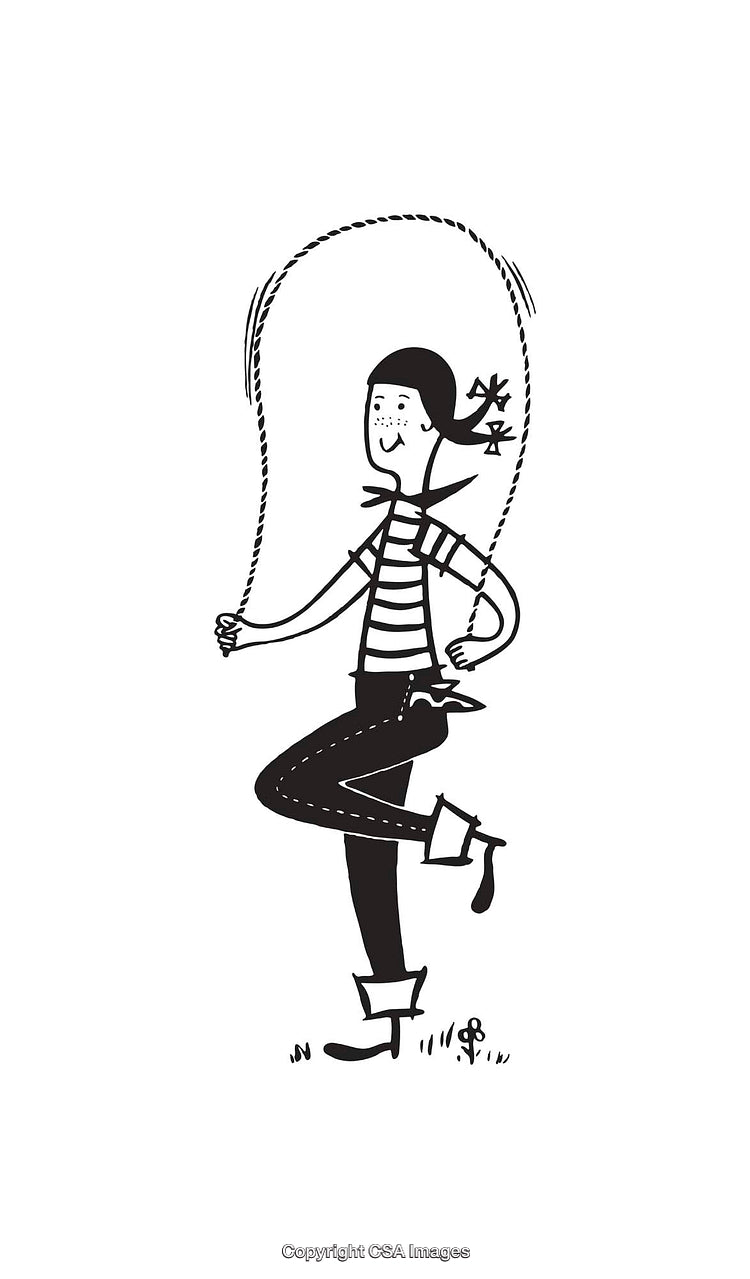 Playful Girl Jumping Rope Illustration in Black and White Line Art Style
