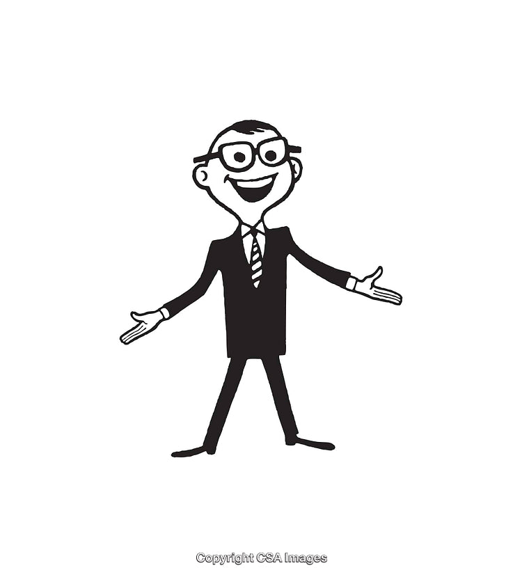 Black and White Illustration of Cheerful Businessman with Open Arms