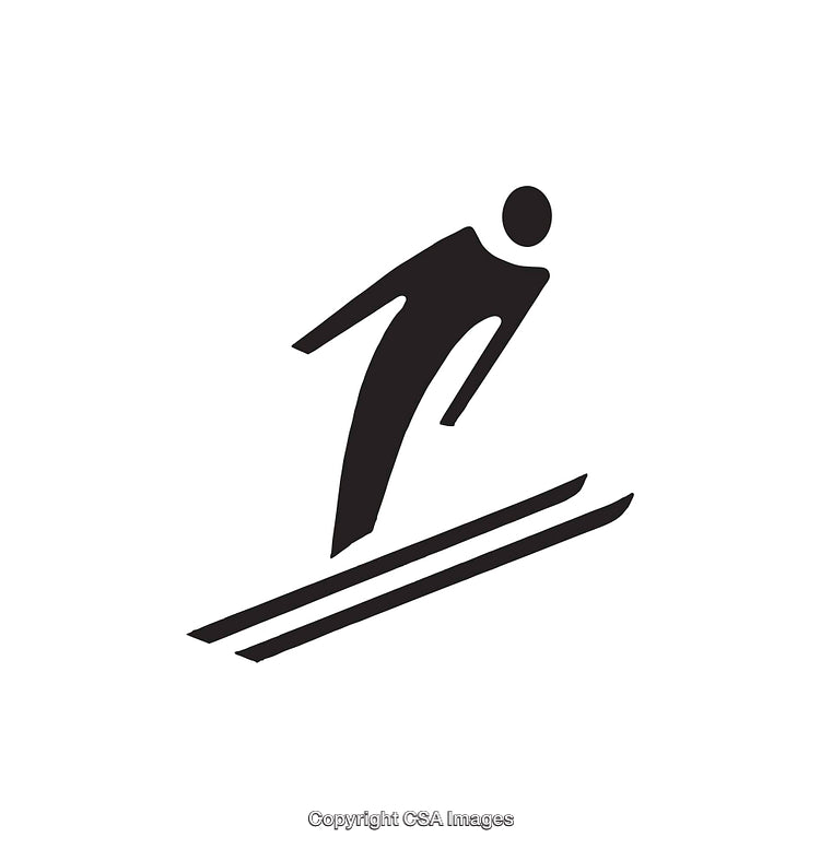Black and White Icon of a Ski Jumper Mid-Air Action Pose
