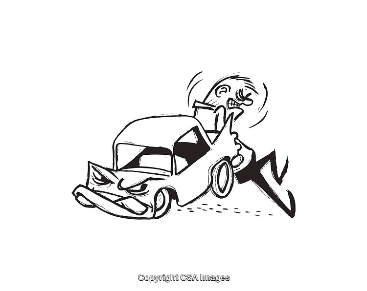 Humorous Illustration of a Person Interacting with an Angry Car