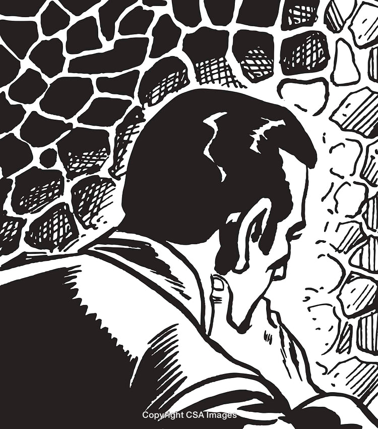 Illustration of a Man Observing Textured Stone Wall in Close Detail