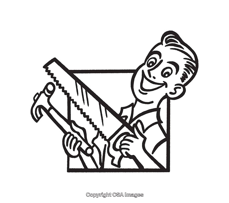 Black and White Line Art Illustration of a Cheerful Carpenter