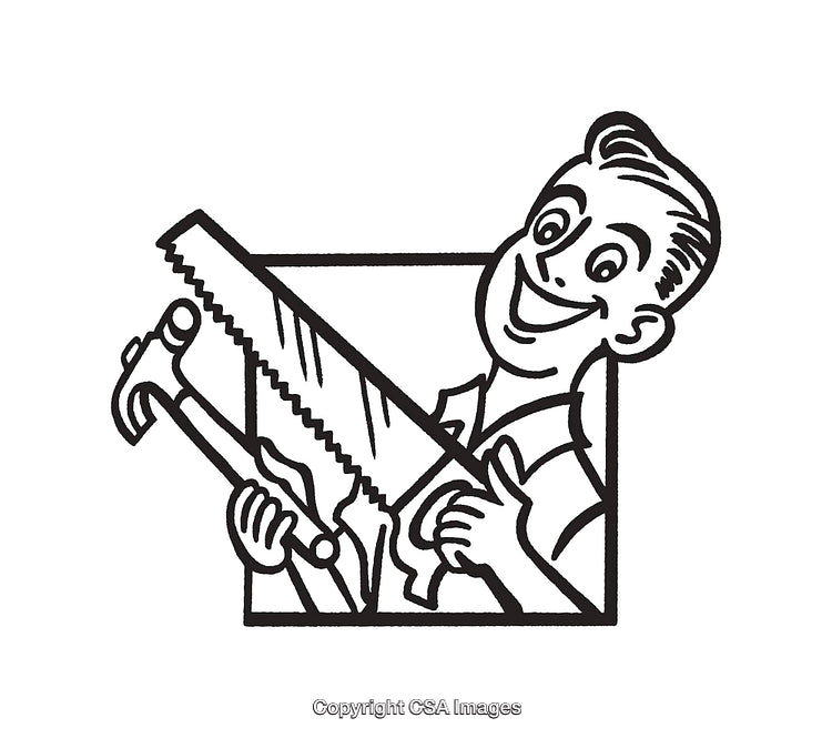 Black and White Line Art Illustration of a Cheerful Carpenter