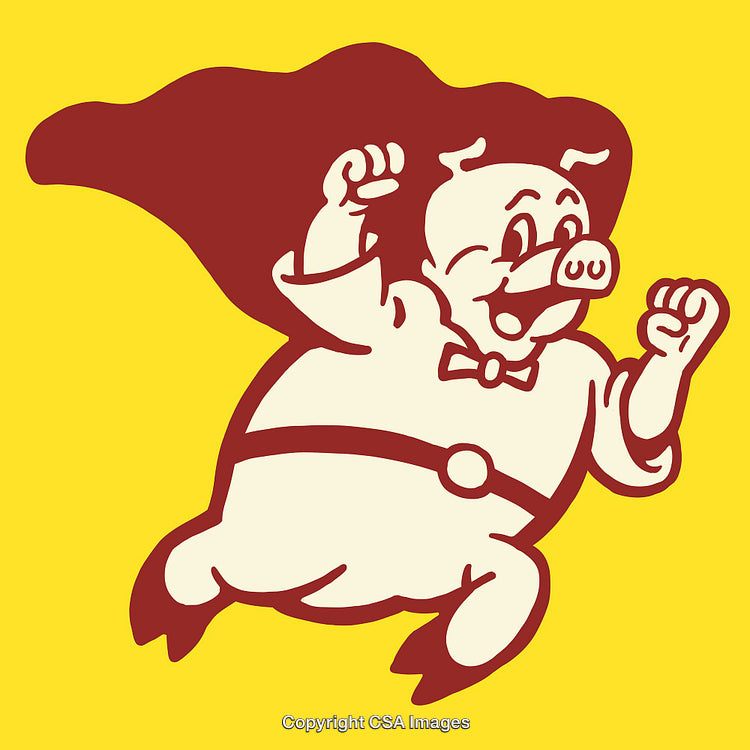 Colorful Illustration of Superhero Pig Character in Action with Vibrant Background
