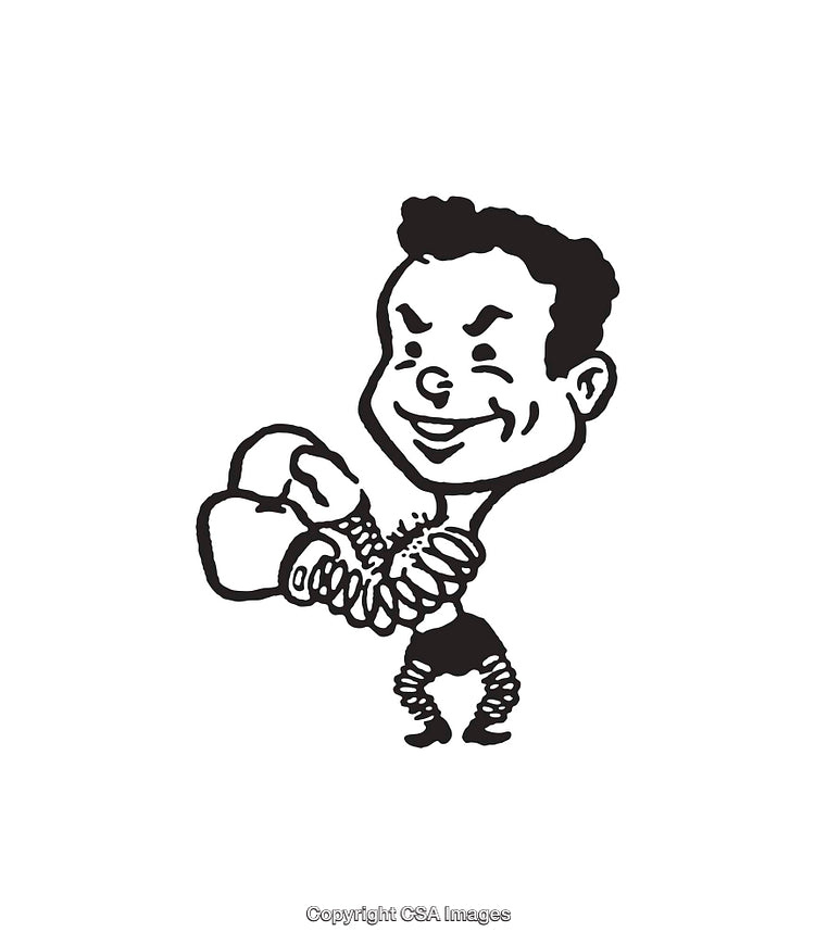 Humorous Boxer Caricature in Black and White Line Art Illustration