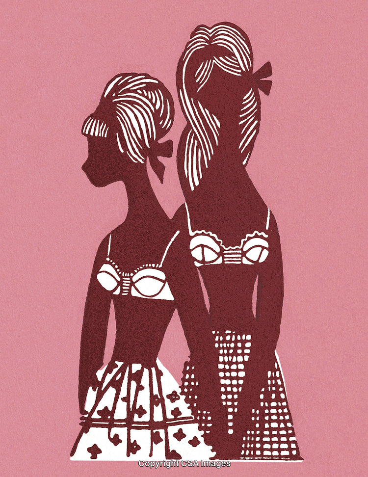 Stylized Illustration of Two Women in Vintage Apparel on Pink Background