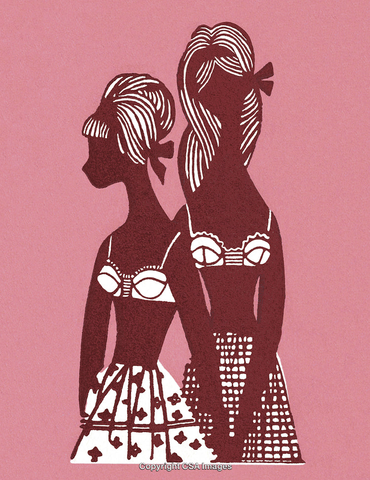 Stylized Illustration of Two Women in Vintage Apparel on Pink Background