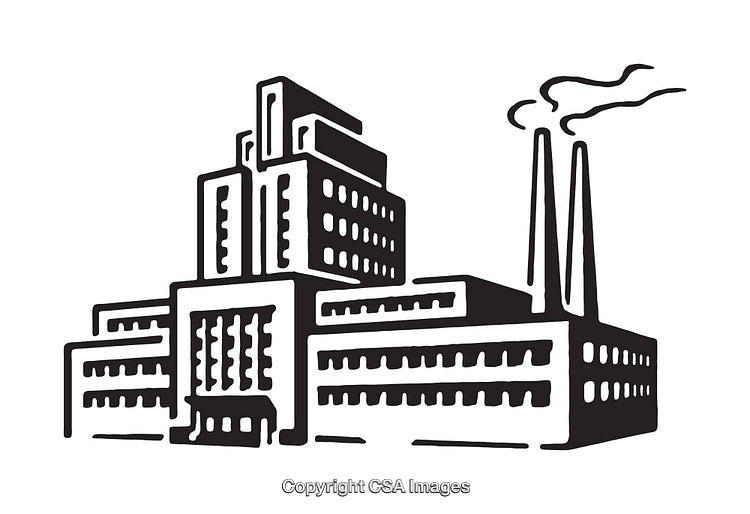 Industrial Factory Building Line Art with Smokestacks in Black and White