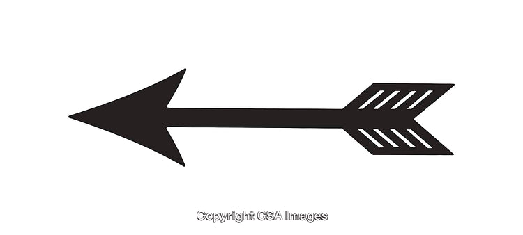 Black Arrow Line Drawing Facing Left with Feather Details on White