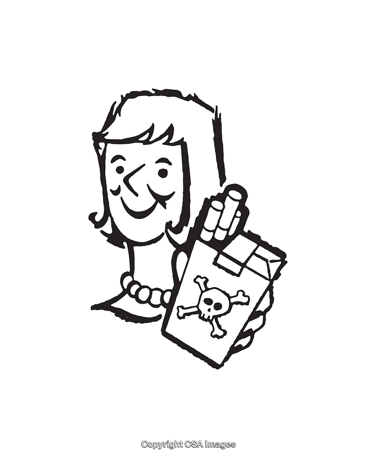 Black and White Line Art Depicting Woman with Cigarettes and Skull Symbol