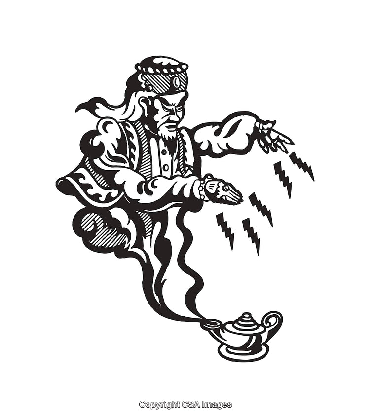 Black And White Line Art Illustration of a Magical Genie Emerging from Lamp