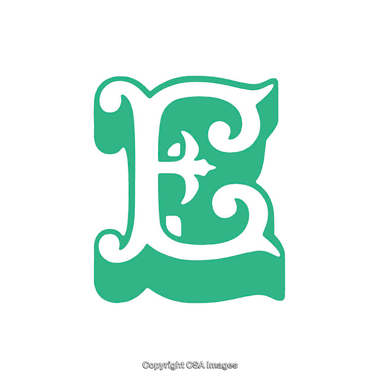 Elegant Green Letter E with Decorative Flourishes on White Background
