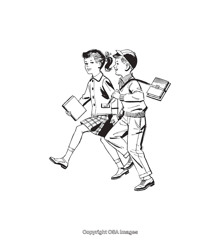 Vintage Black and White Illustration of Children Walking to School