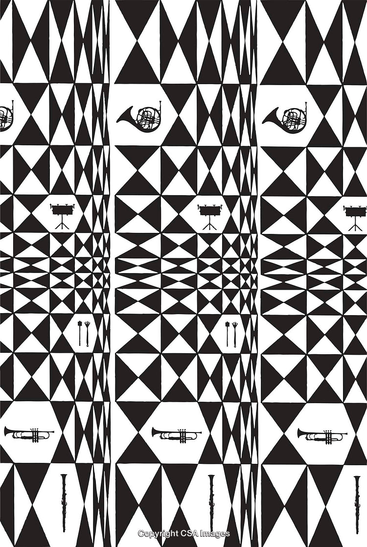 Geometric Black and White Musical Pattern Featuring Various Instruments