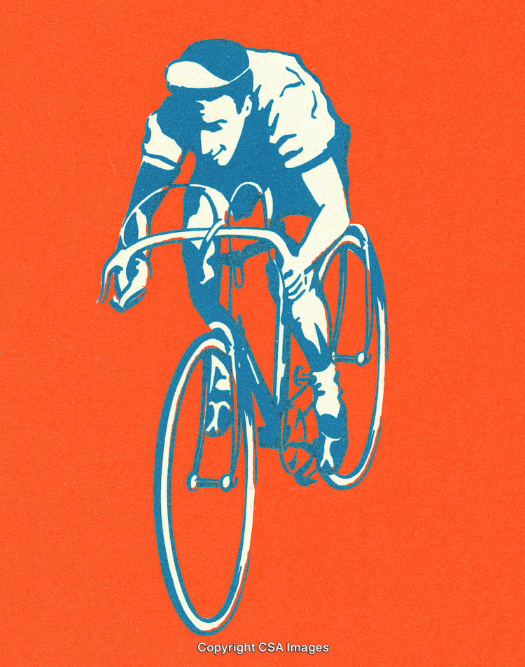 Cyclist Riding Quickly in a Retro-Inspired Illustration on Bold Orange Background