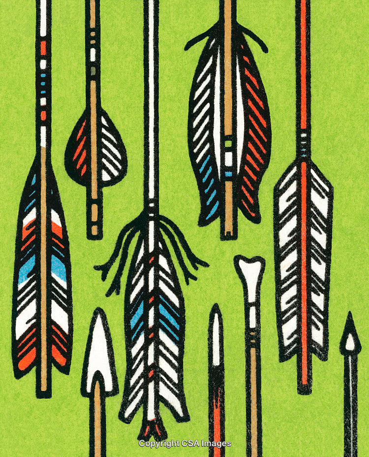 Decorative Arrow Illustration with Colorful Feathers on a Green Background
