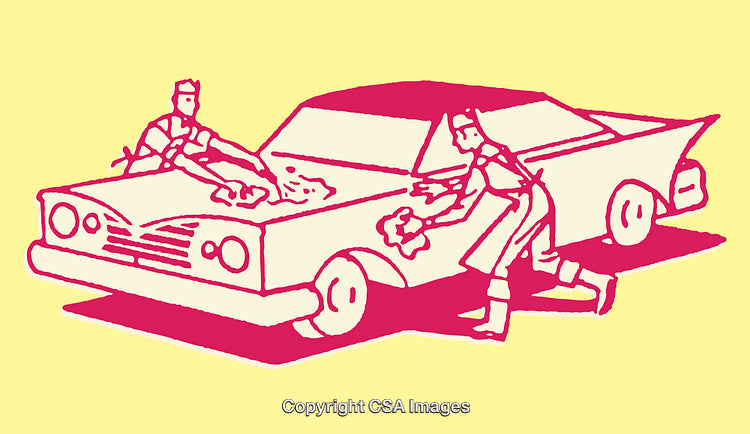 Two Workers Cleaning a Retro Car in Pop Art Style