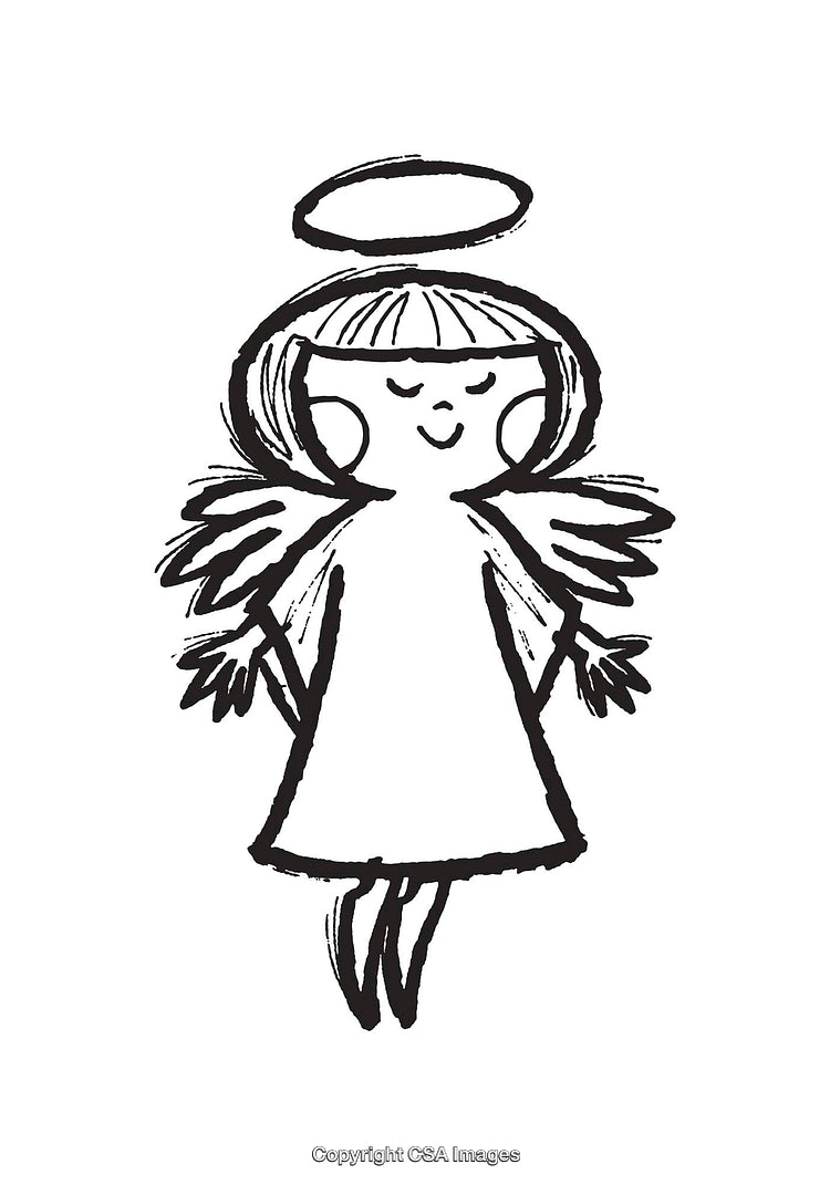 Whimsical Black and White Line Art of Smiling Angel with Halo