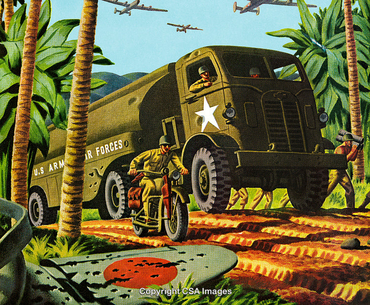 Vintage Illustration Depicting a World War II Military Convoy in a Jungle Setting
