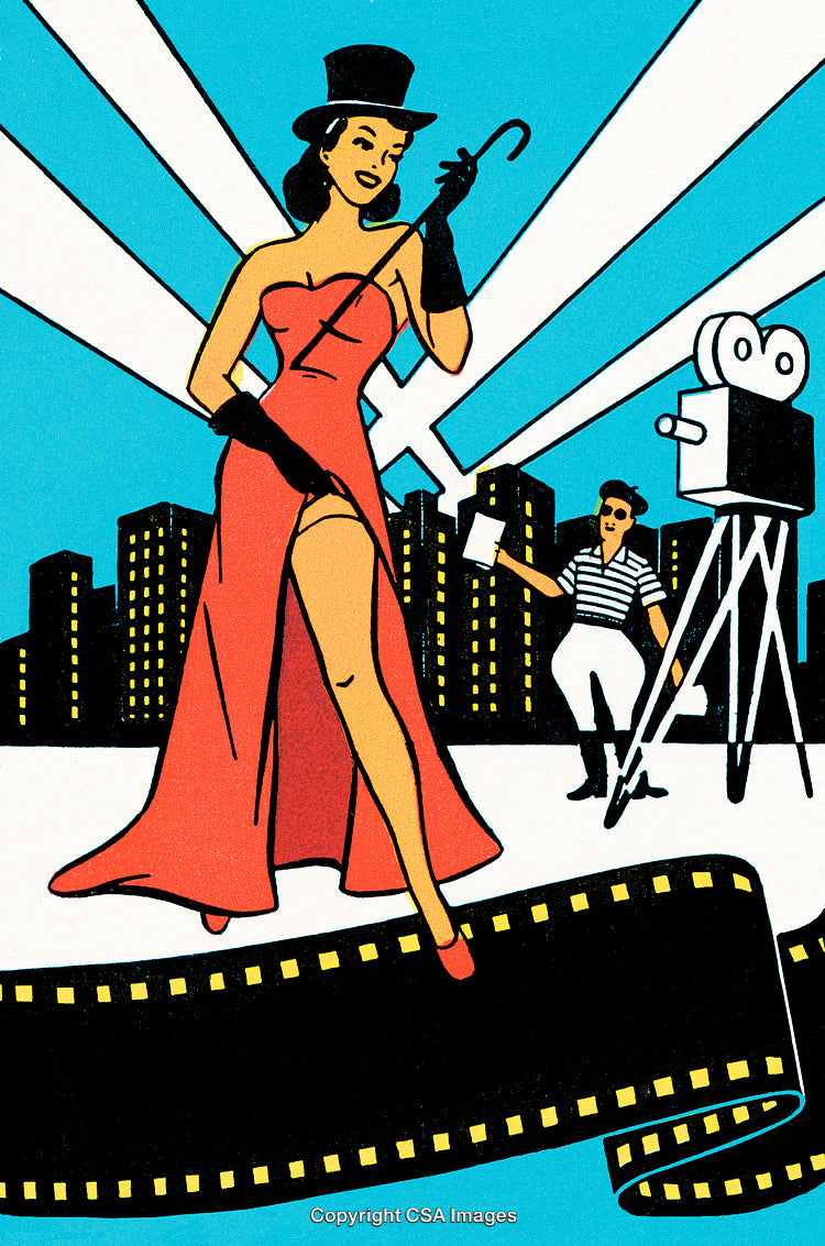 Retro Illustration of Showgirl Under City Lights With Movie Setup