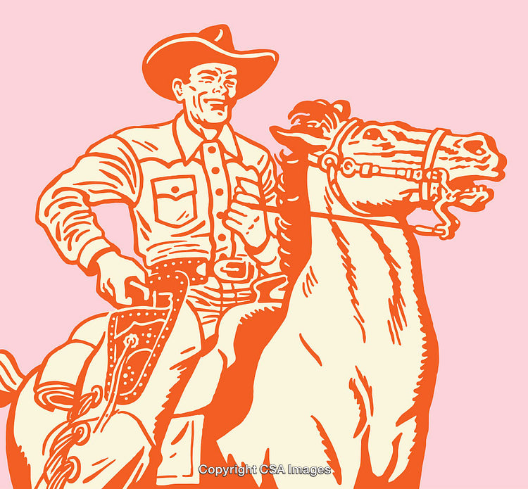 Retro Cowboy Illustration of Man Riding a Horse in Bold Line Art Style