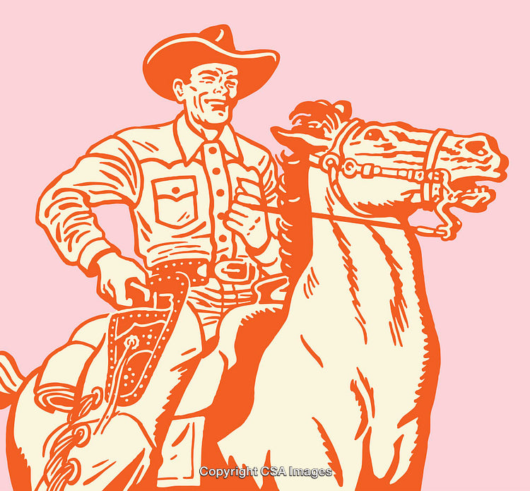 Retro Cowboy Illustration of Man Riding a Horse in Bold Line Art Style