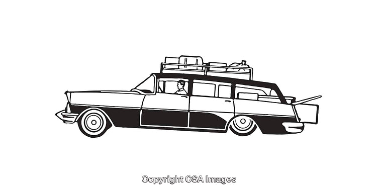 Retro Family Car with Luggage on Roof in Black and White Style