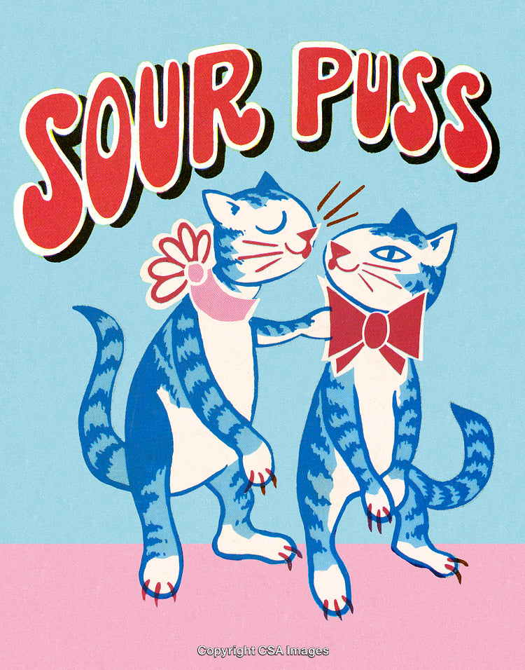 Vintage Illustration of Two Whimsical Cats with Bold Text