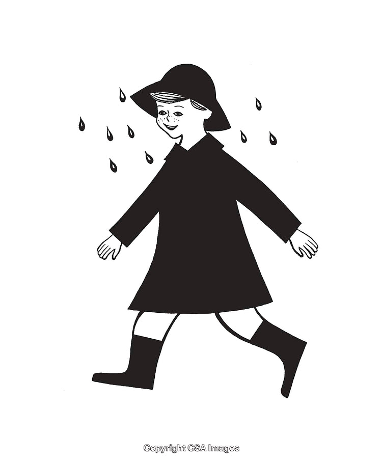 Black and White Illustration of a Child Walking in Rainwear with Raindrops