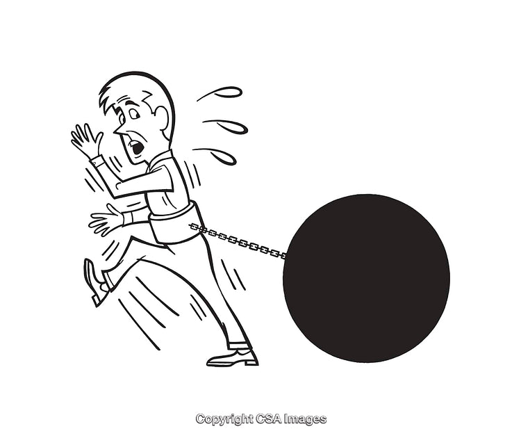Man Chained to Heavy Burden in Black and White Line Art Style