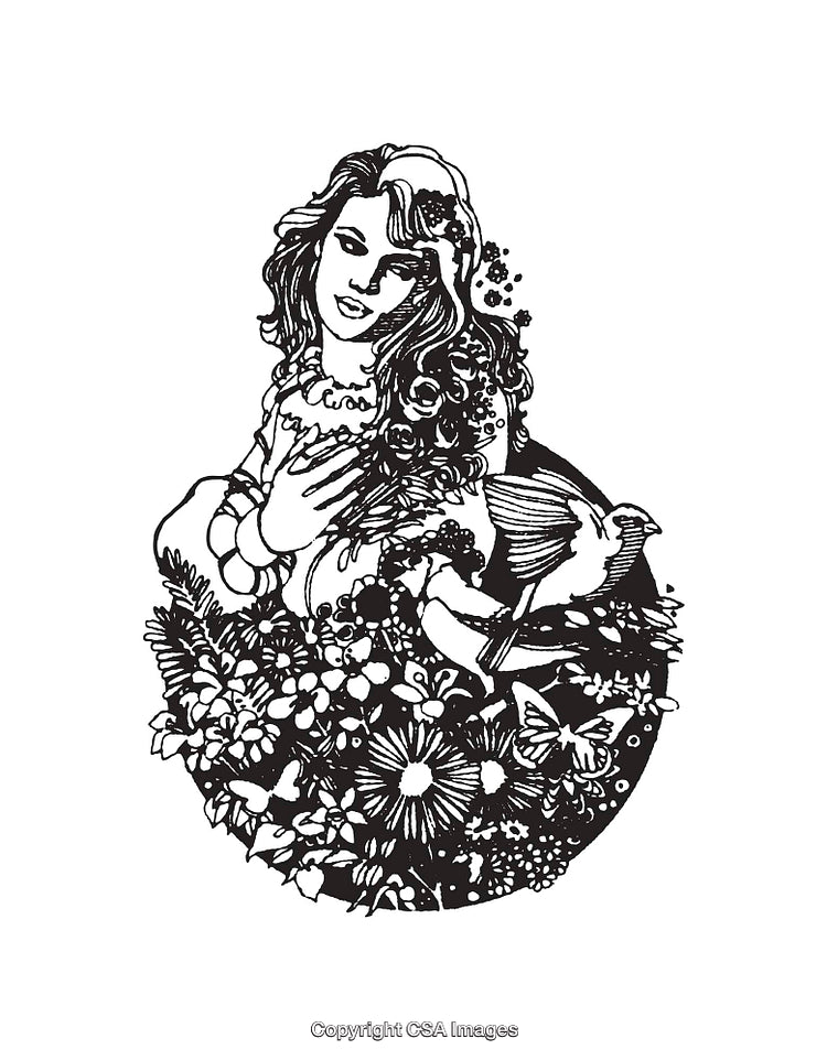 Black and White Line Art Depicting Woman with Nature Elements