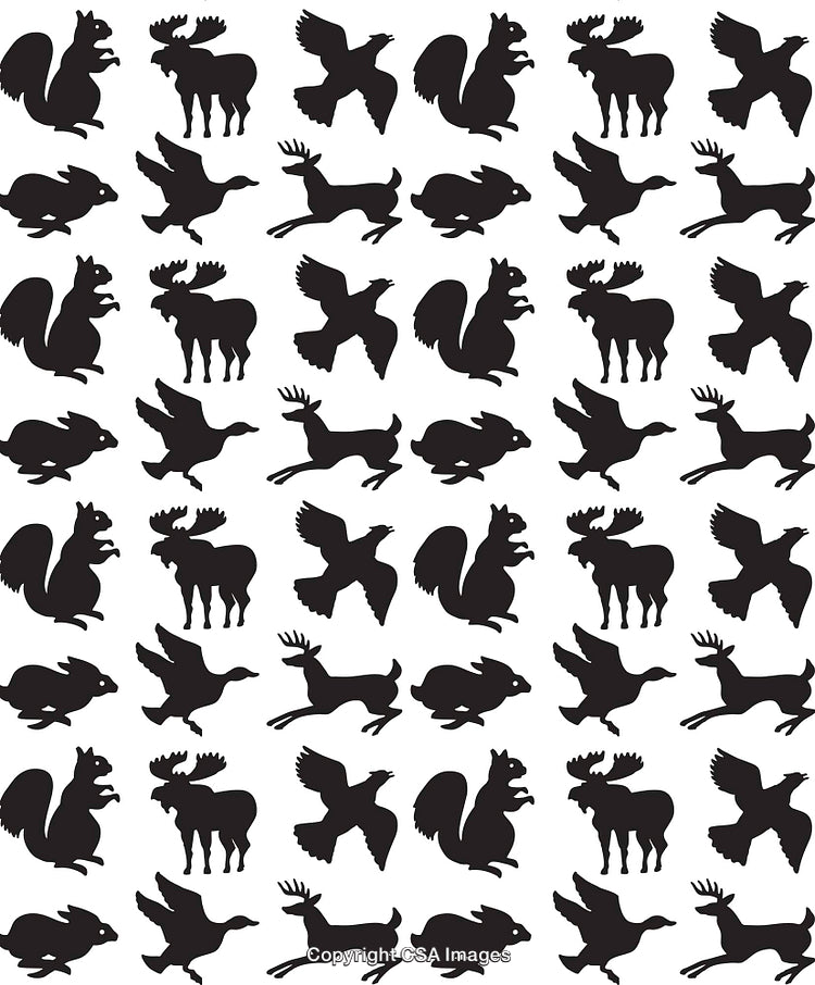 Black Animal Silhouettes Pattern Featuring Moose, Squirrels, Birds, and Deer