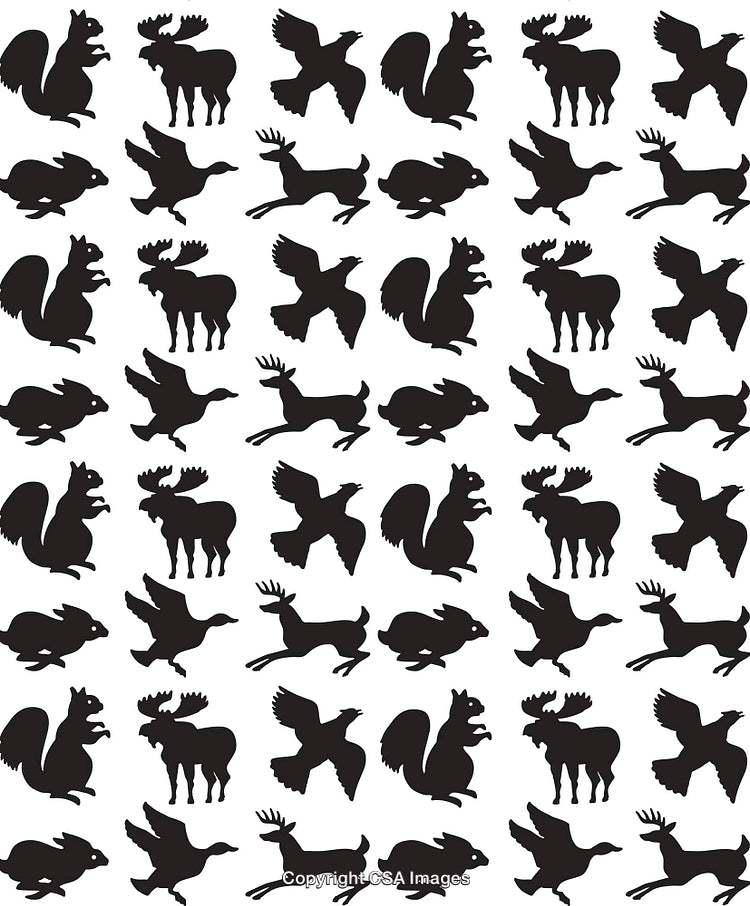 Black Animal Silhouettes Pattern Featuring Moose, Squirrels, Birds, and Deer