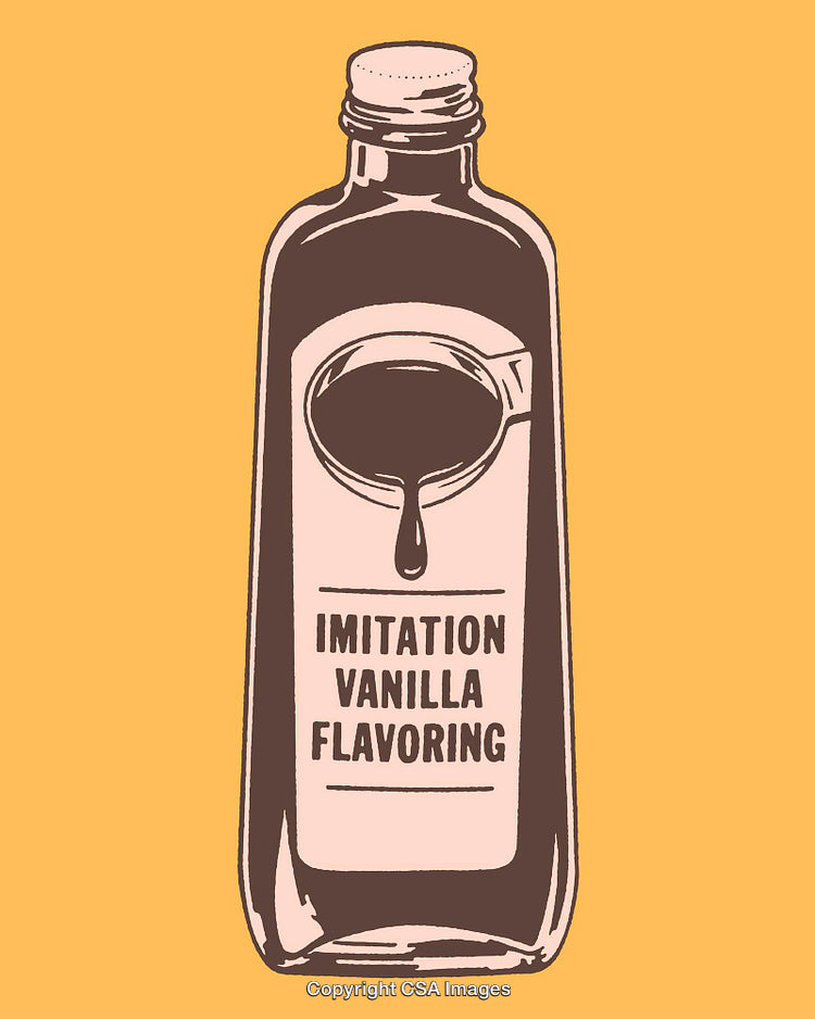 Vintage Illustration of Imitation Vanilla Extract Bottle on Yellow Background